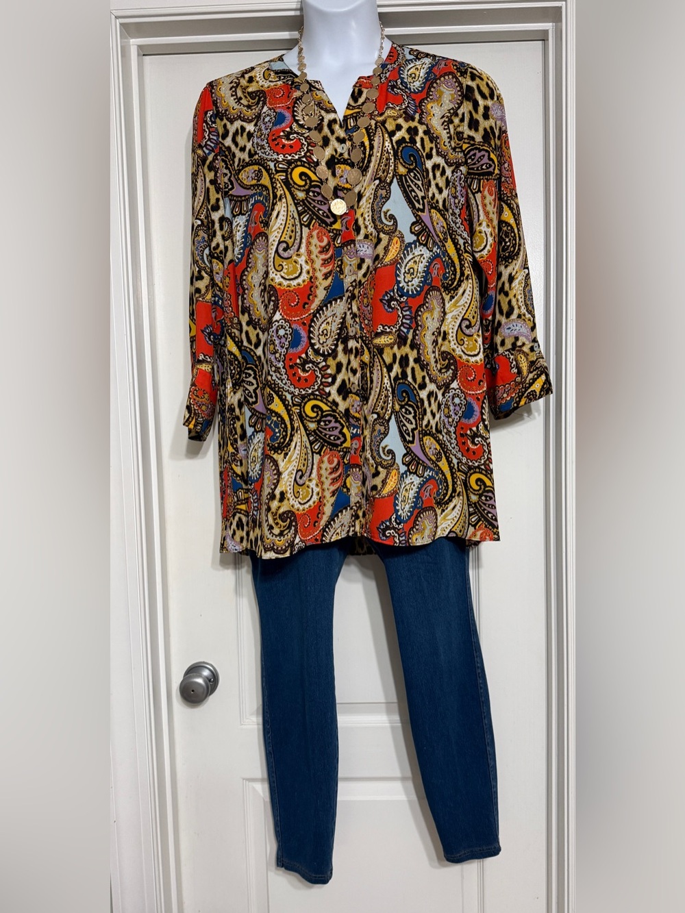 Multiples Paisley and Animal Print Button-Down Top in Orange, Yellow, Brown